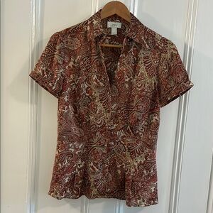 LOFT Brown and Orange Peplum Blouse with Flutter Sleeves
